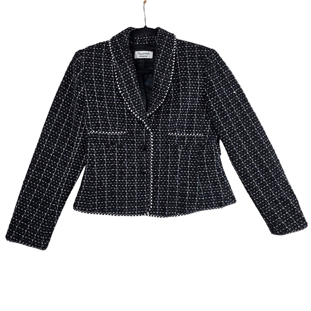 Giancarlo Ferrari Blazer Black White Lurex Tweed Trim 8 Vintage Chic Old Money